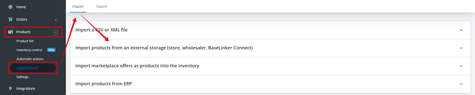 BaseLinker – import products from an external storage